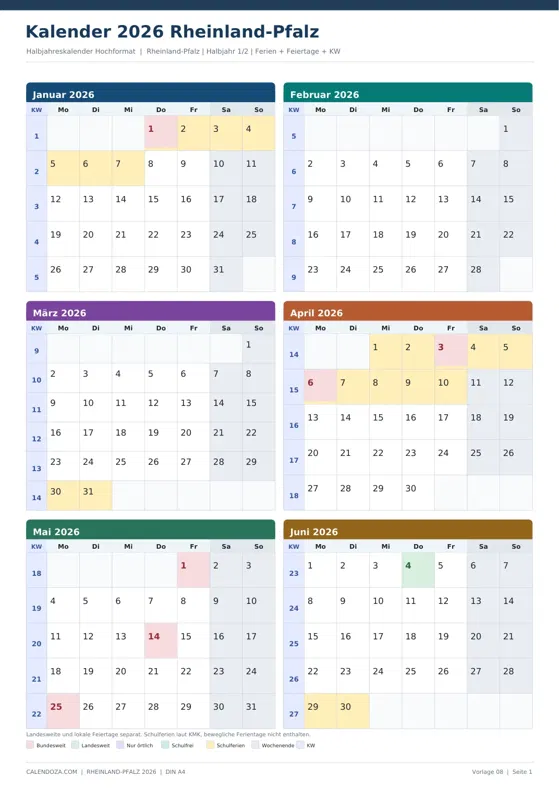 Kalender 2026 Rheinland-Pfalz: Halbjahreskalender Hochformat