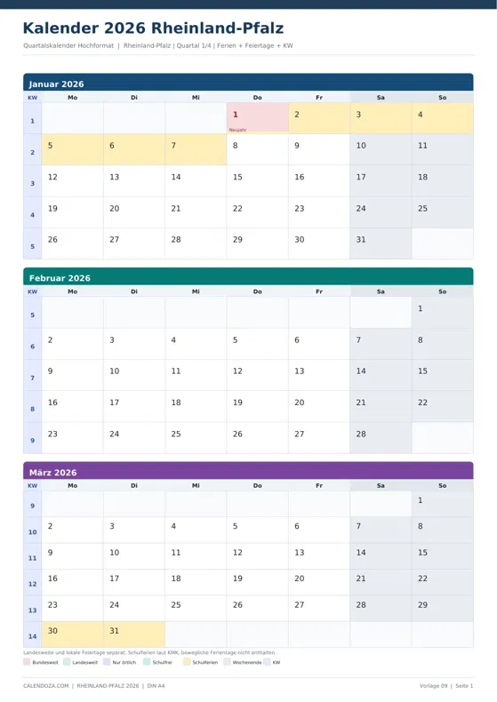 Kalender 2026 Rheinland-Pfalz: Quartalskalender Hochformat