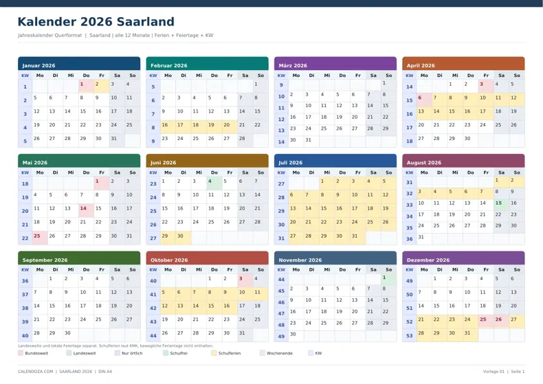 Kalender 2026 Saarland: Jahreskalender Querformat