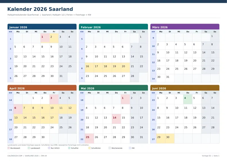 Kalender 2026 Saarland: Halbjahreskalender Querformat