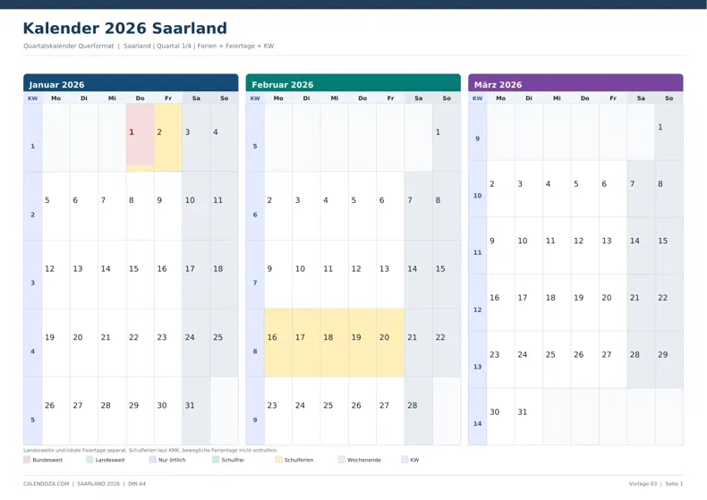 Kalender 2026 Saarland: Quartalskalender Querformat
