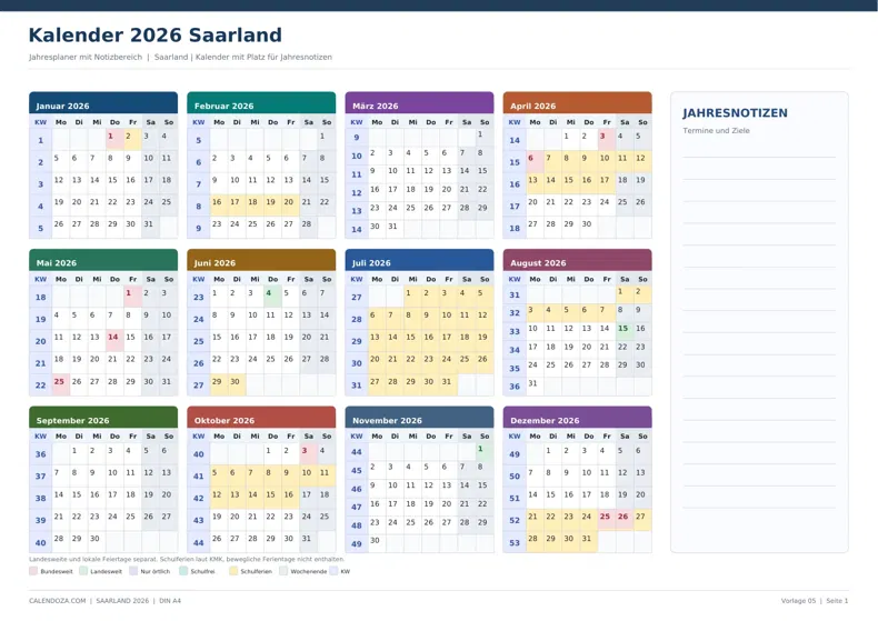 Kalender 2026 Saarland: Jahresplaner mit Notizen