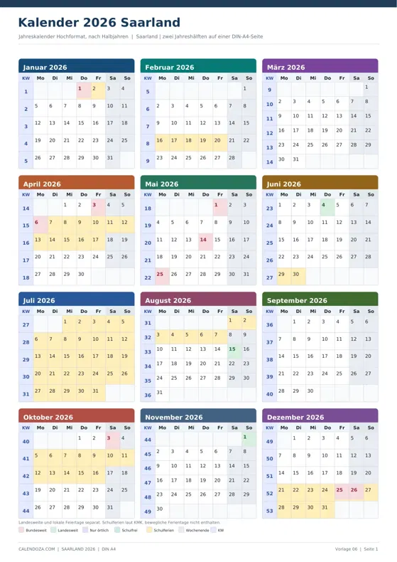 Kalender 2026 Saarland: Jahreskalender Hochformat