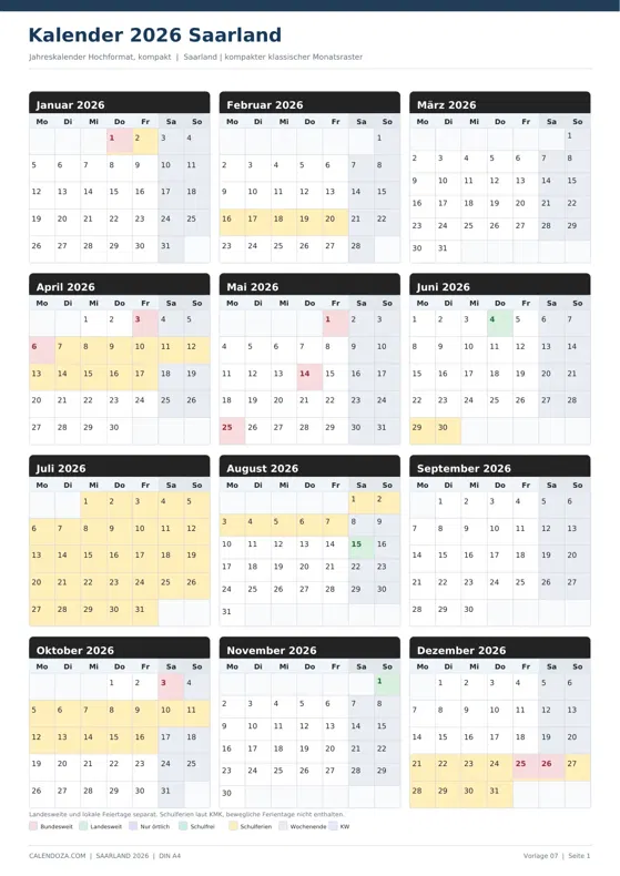 Kalender 2026 Saarland: Jahreskalender Hochformat kompakt