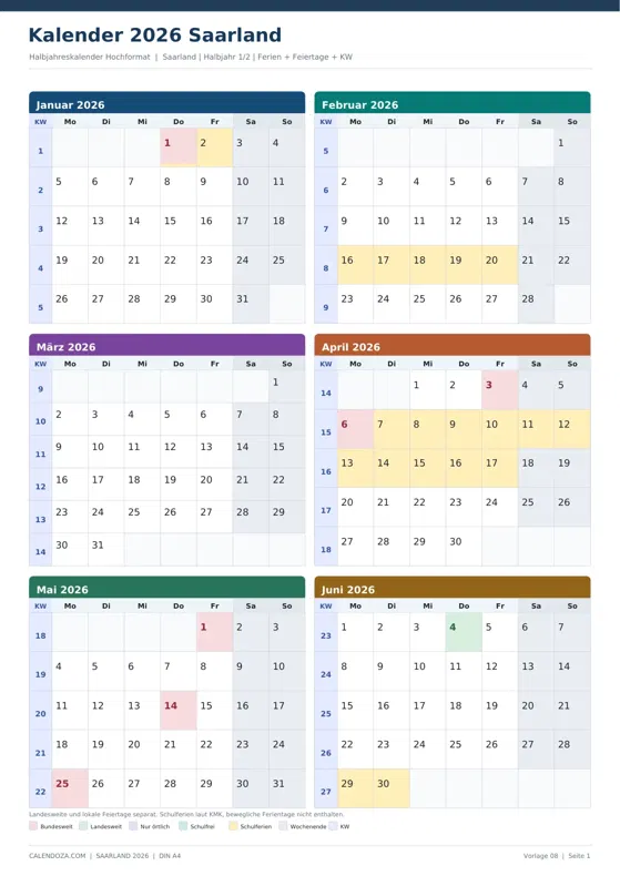 Kalender 2026 Saarland: Halbjahreskalender Hochformat