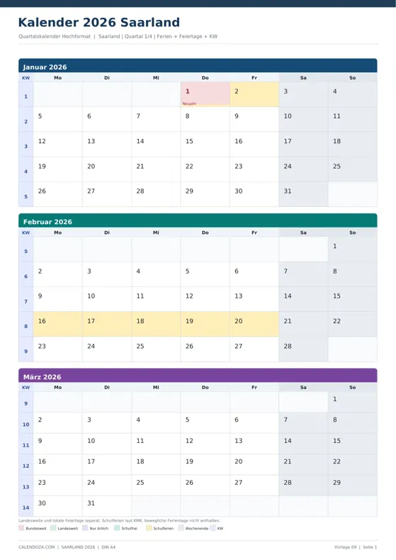 Kalender 2026 Saarland: Quartalskalender Hochformat