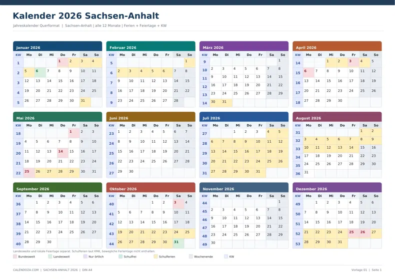 Kalender 2026 Sachsen-Anhalt: Jahreskalender Querformat