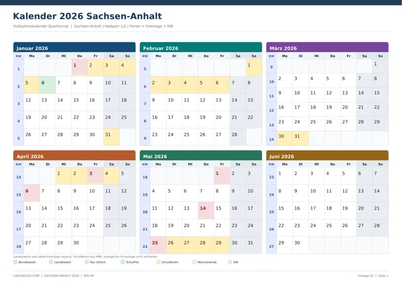 Kalender 2026 Sachsen-Anhalt: Halbjahreskalender Querformat
