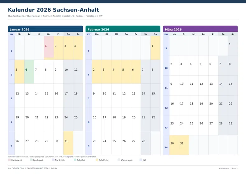 Kalender 2026 Sachsen-Anhalt: Quartalskalender Querformat