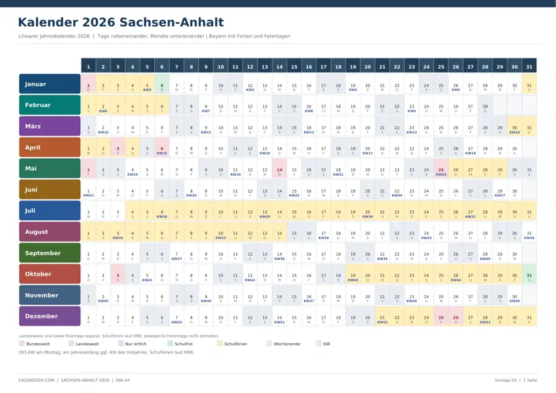 Kalender 2026 Sachsen-Anhalt: Linearer Jahreskalender
