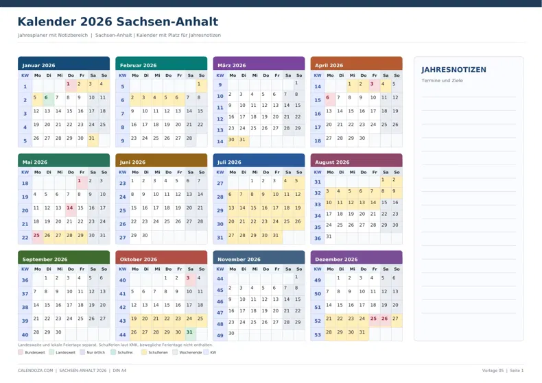Kalender 2026 Sachsen-Anhalt: Jahresplaner mit Notizen