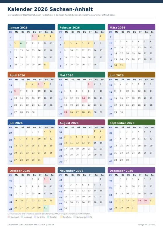 Kalender 2026 Sachsen-Anhalt: Jahreskalender Hochformat