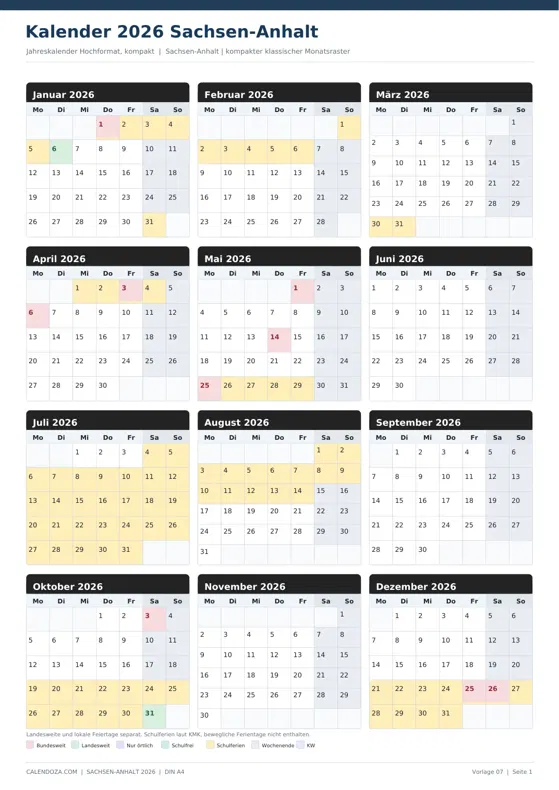 Kalender 2026 Sachsen-Anhalt: Jahreskalender Hochformat kompakt