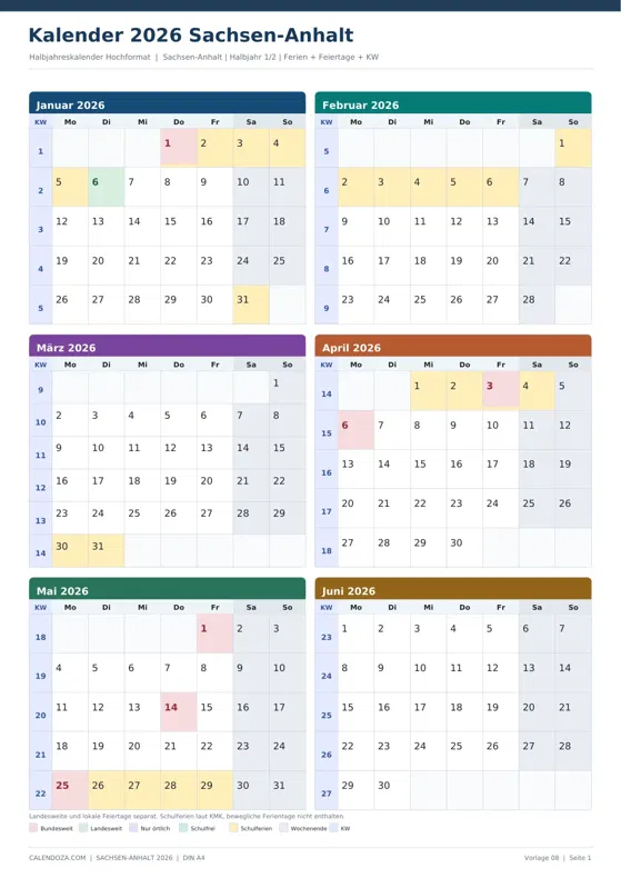 Kalender 2026 Sachsen-Anhalt: Halbjahreskalender Hochformat