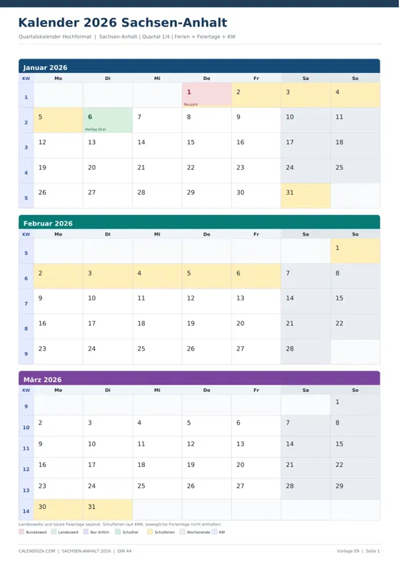 Kalender 2026 Sachsen-Anhalt: Quartalskalender Hochformat