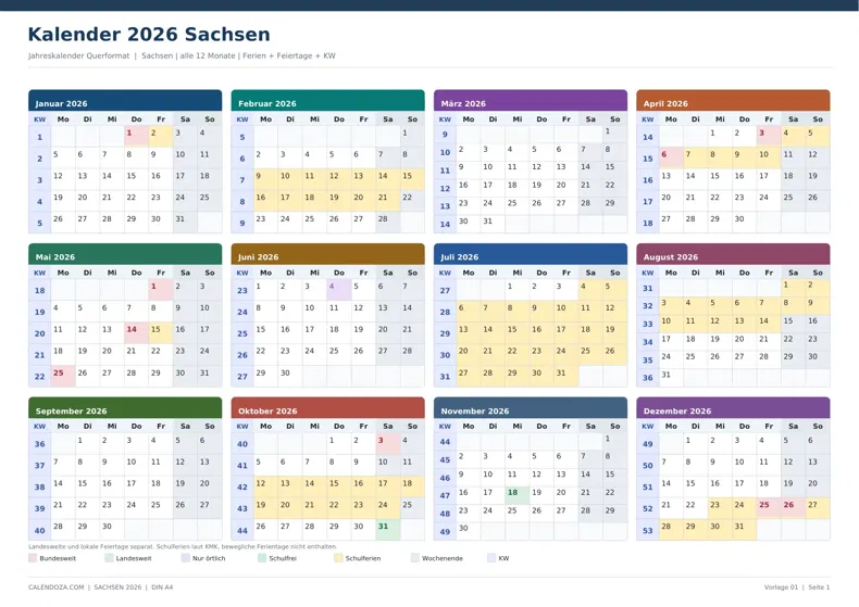 Kalender 2026 Sachsen: Jahreskalender Querformat