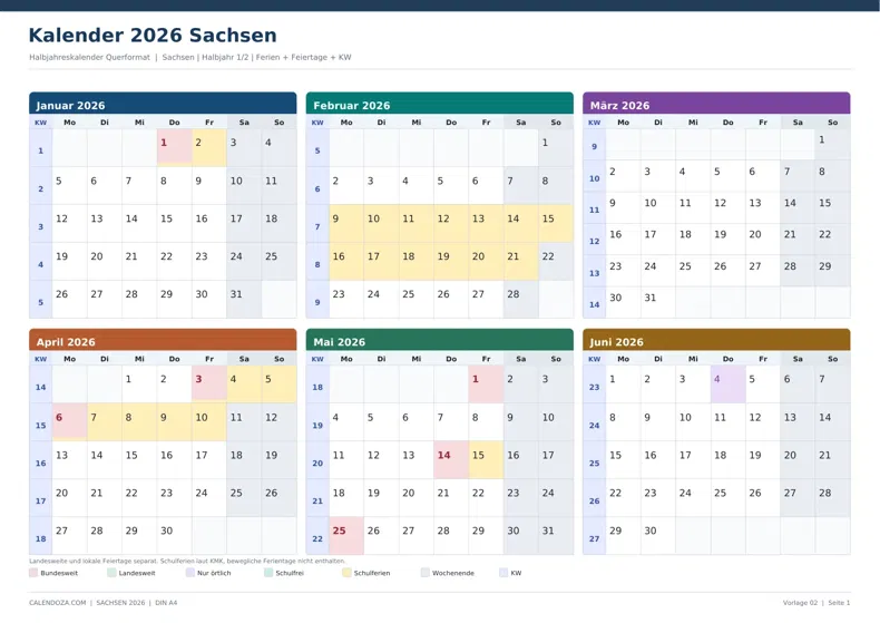 Kalender 2026 Sachsen: Halbjahreskalender Querformat