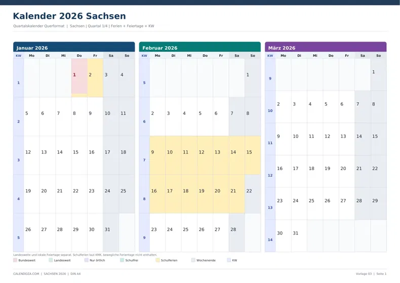 Kalender 2026 Sachsen: Quartalskalender Querformat