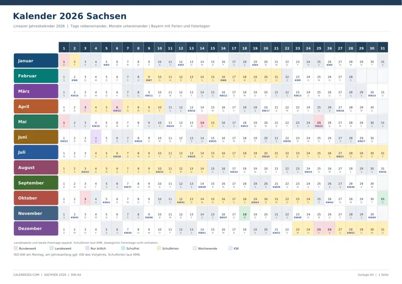 Kalender 2026 Sachsen: Linearer Jahreskalender