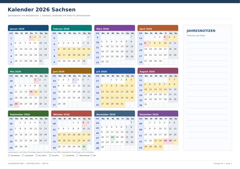 Kalender 2026 Sachsen: Jahresplaner mit Notizen