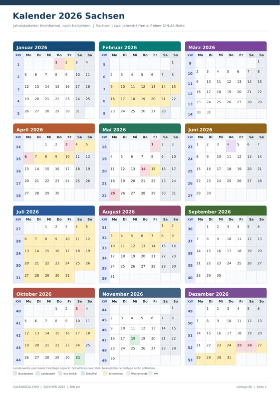 Kalender 2026 Sachsen: Jahreskalender Hochformat