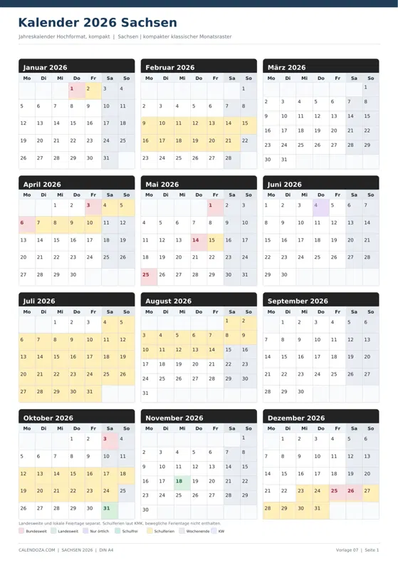 Kalender 2026 Sachsen: Jahreskalender Hochformat kompakt