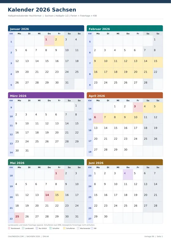 Kalender 2026 Sachsen: Halbjahreskalender Hochformat