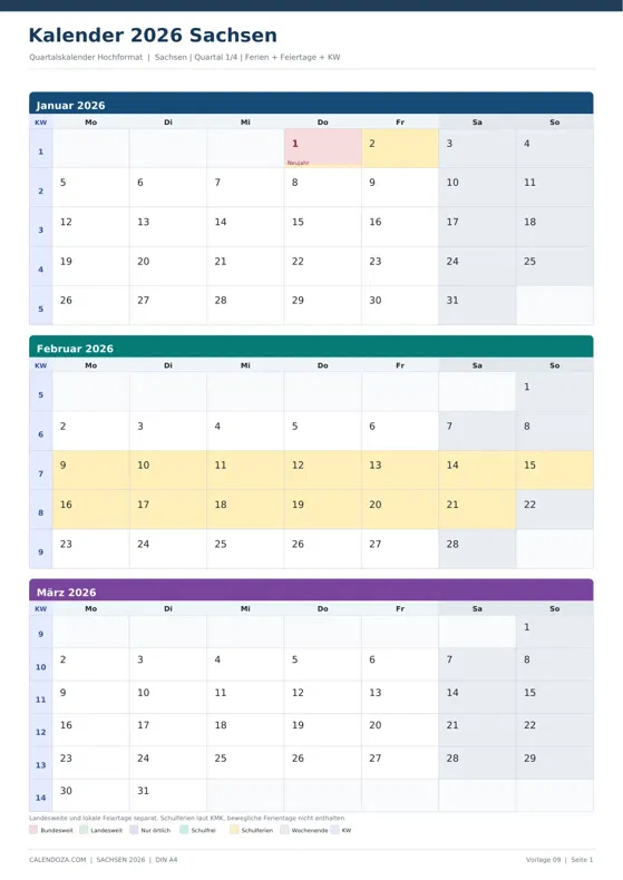Kalender 2026 Sachsen: Quartalskalender Hochformat