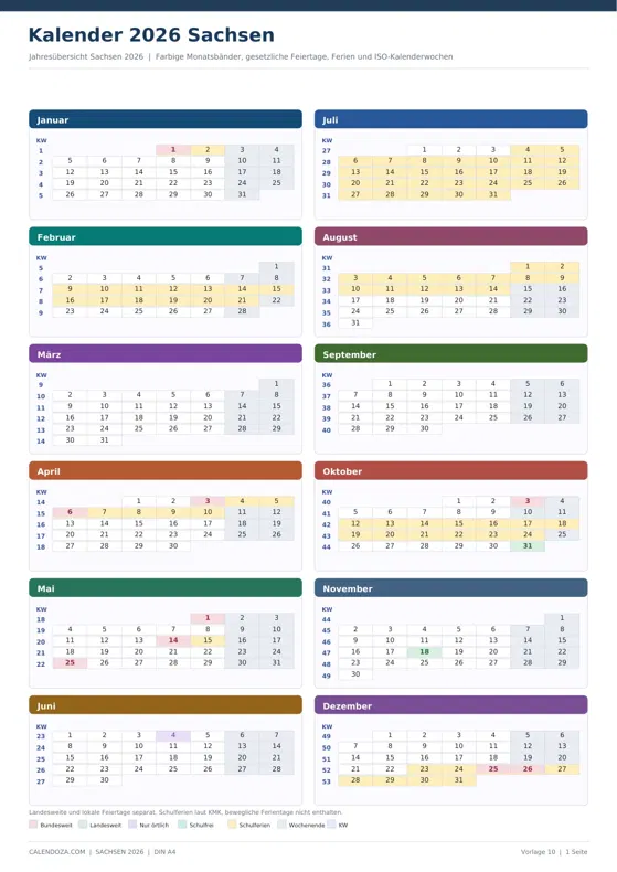 Kalender 2026 Sachsen: Farbige Jahresübersicht Hochformat