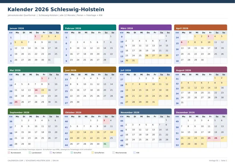 Kalender 2026 Schleswig-Holstein: Jahreskalender Querformat