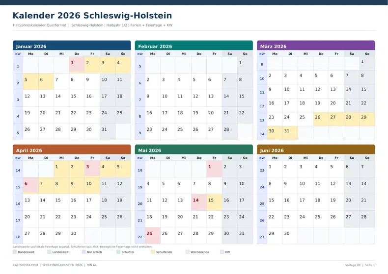 Kalender 2026 Schleswig-Holstein: Halbjahreskalender Querformat