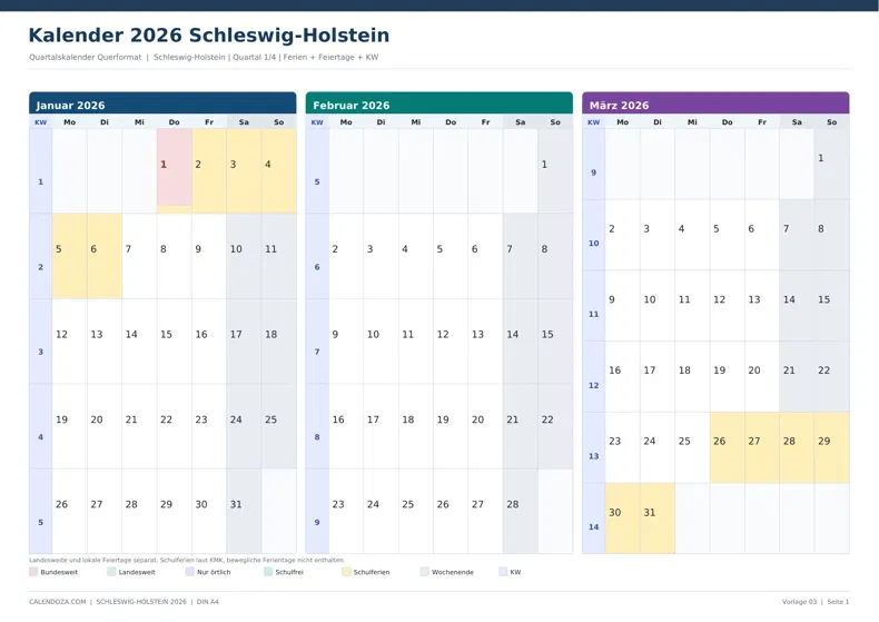 Kalender 2026 Schleswig-Holstein: Quartalskalender Querformat