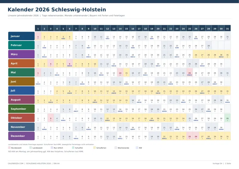 Kalender 2026 Schleswig-Holstein: Linearer Jahreskalender