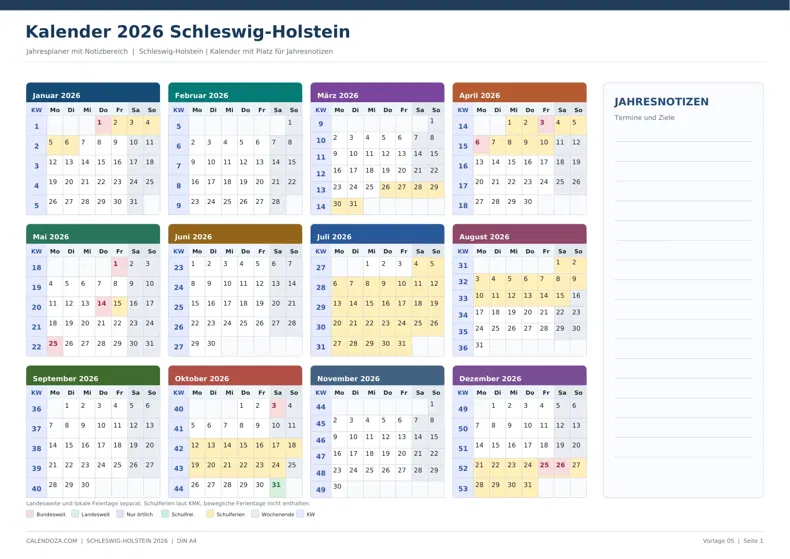 Kalender 2026 Schleswig-Holstein: Jahresplaner mit Notizen