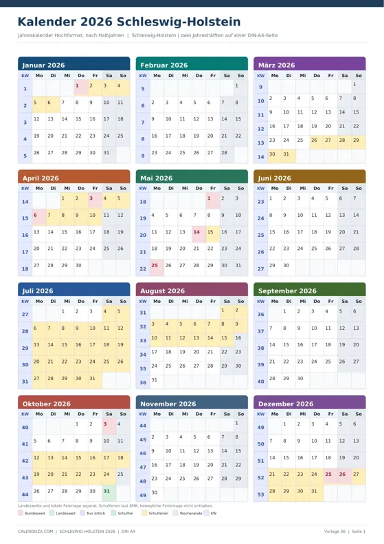 Kalender 2026 Schleswig-Holstein: Jahreskalender Hochformat
