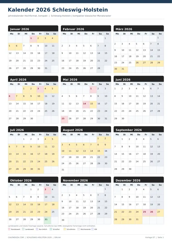 Kalender 2026 Schleswig-Holstein: Jahreskalender Hochformat kompakt