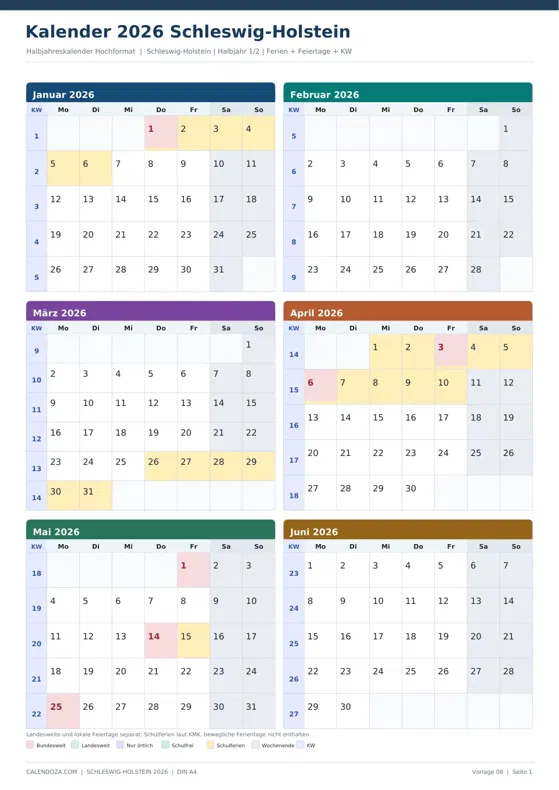 Kalender 2026 Schleswig-Holstein: Halbjahreskalender Hochformat