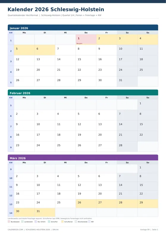 Kalender 2026 Schleswig-Holstein: Quartalskalender Hochformat