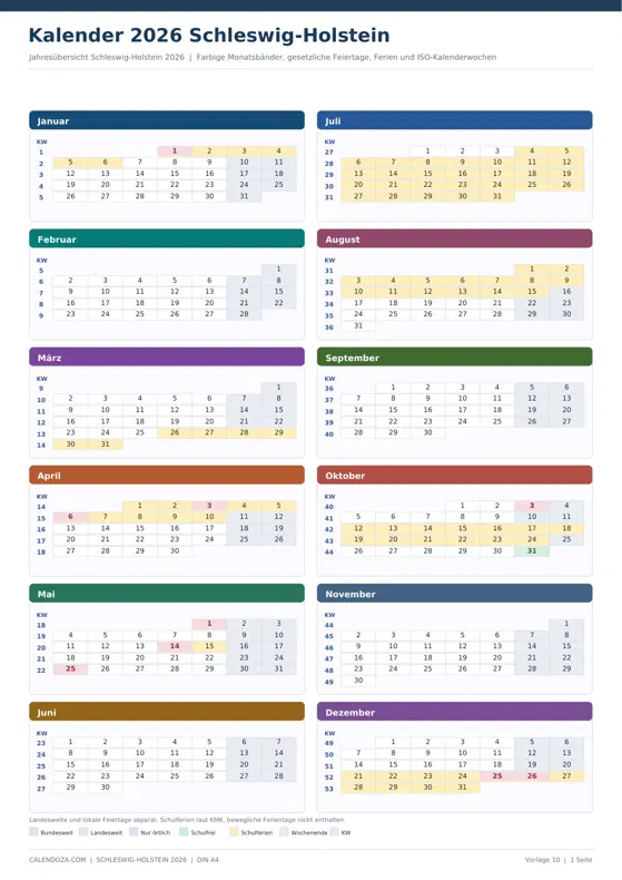 Kalender 2026 Schleswig-Holstein: Farbige Jahresübersicht Hochformat