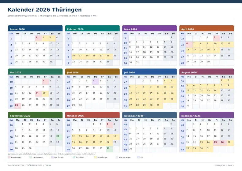 Kalender 2026 Thüringen: Jahreskalender Querformat