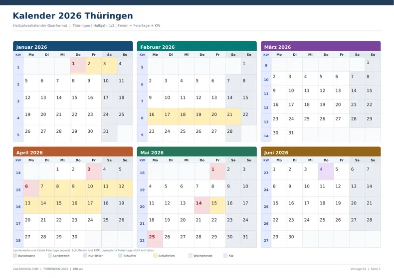 Kalender 2026 Thüringen: Halbjahreskalender Querformat