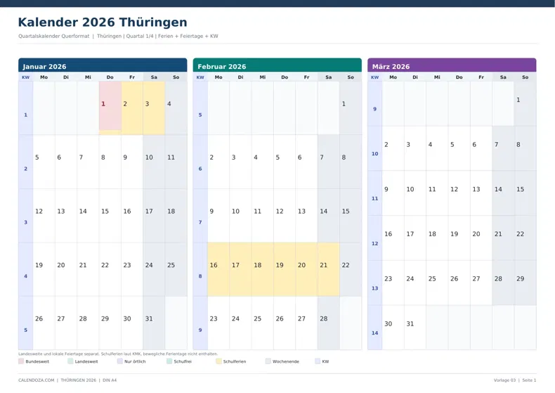Kalender 2026 Thüringen: Quartalskalender Querformat