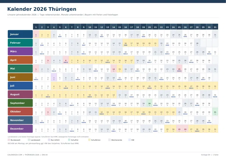 Kalender 2026 Thüringen: Linearer Jahreskalender