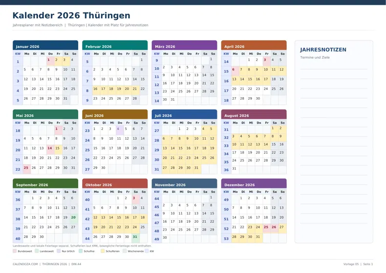 Kalender 2026 Thüringen: Jahresplaner mit Notizen