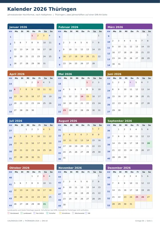 Kalender 2026 Thüringen: Jahreskalender Hochformat
