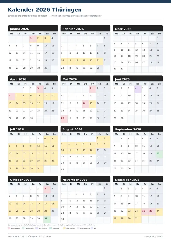 Kalender 2026 Thüringen: Jahreskalender Hochformat kompakt