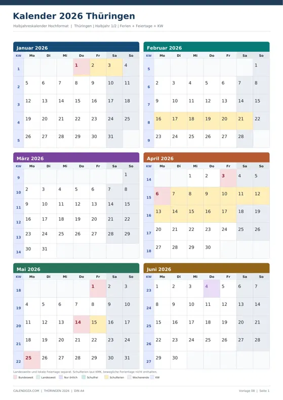 Kalender 2026 Thüringen: Halbjahreskalender Hochformat