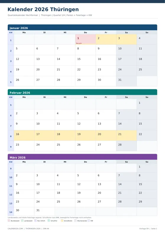 Kalender 2026 Thüringen: Quartalskalender Hochformat