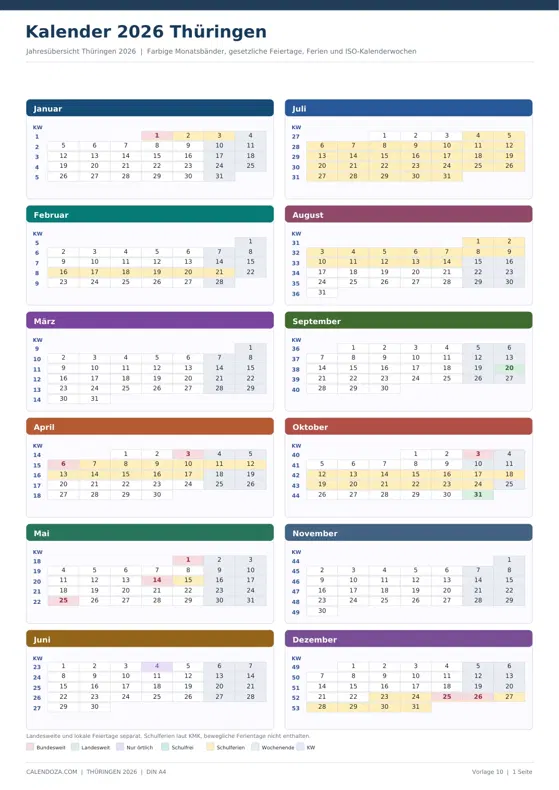 Kalender 2026 Thüringen: Farbige Jahresübersicht Hochformat
