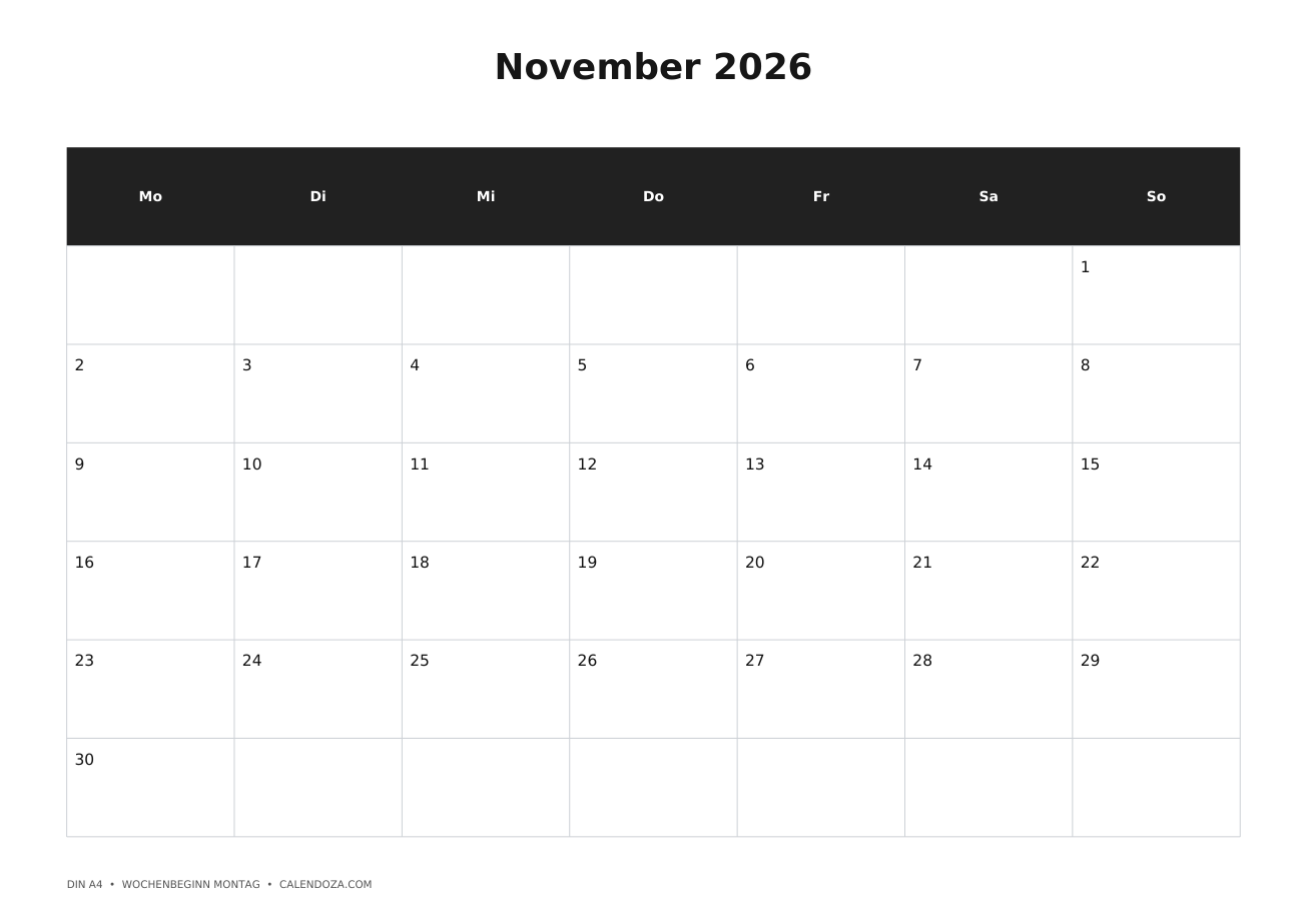 Kalender November 2026 5 Kalender November 2026 Mit Feiertagen als PNG